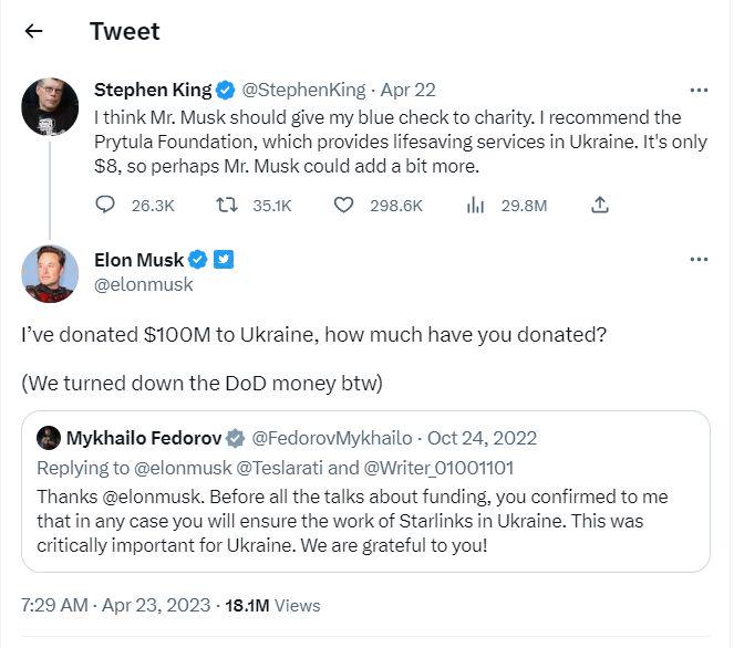 Izmenjava mnenj med Stephenom Kingom in Elonom Muskom. Foto: Twitter