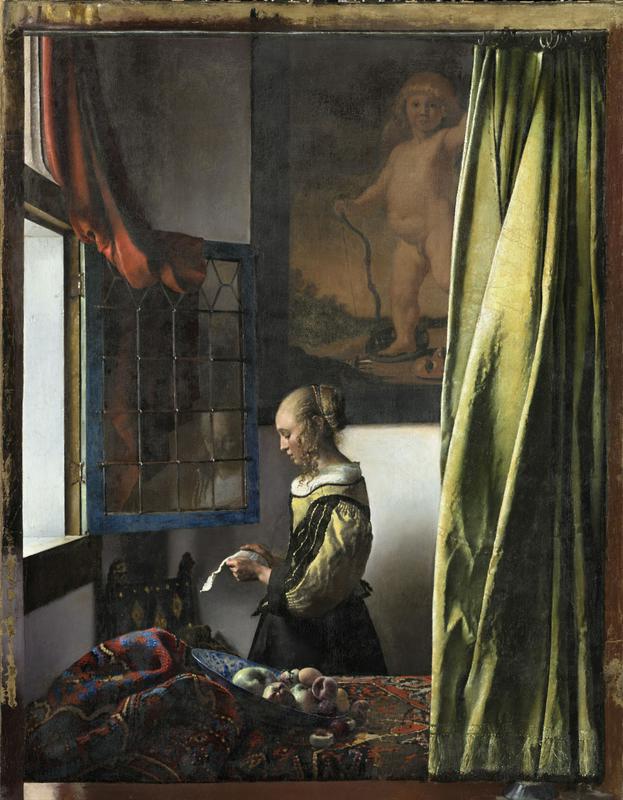 Dekle, ki bere pismo ob odprtem oknu, 1657–1658, olje na platnu, Gemäldegalerie Alte Meister, Dresden. Foto: Rijksmuseum