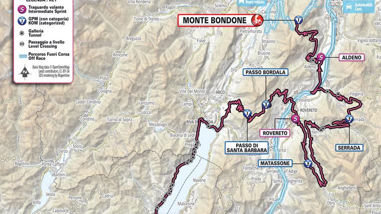 Map of stage 16: from Lake Garda to Trentino.  Photo: RCS Sport