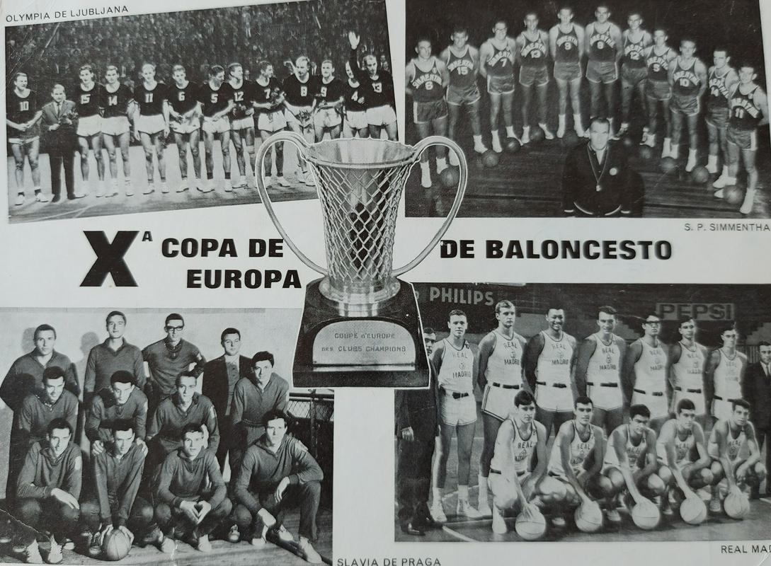 Razglednica zaključnega turnirja najmočnejšega evropskega klubskega tekmovanja v Madridu, kjer je sodelovala tudi Olimpija. Foto: Osebni arhiv Dušana Verbiča