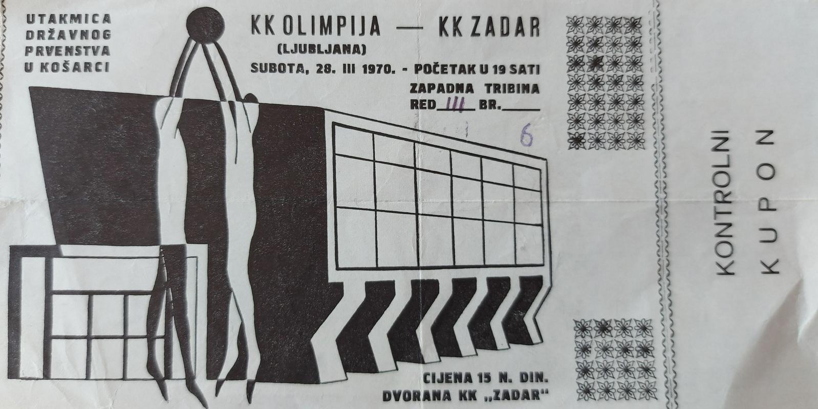 Vstopnica nepozabne tekme Zadar – Olimpija, ki je odločila jugoslovansko državno prventvo v sezoni 1969/70. Foto: Osebni arhiv Dušana Verbiča