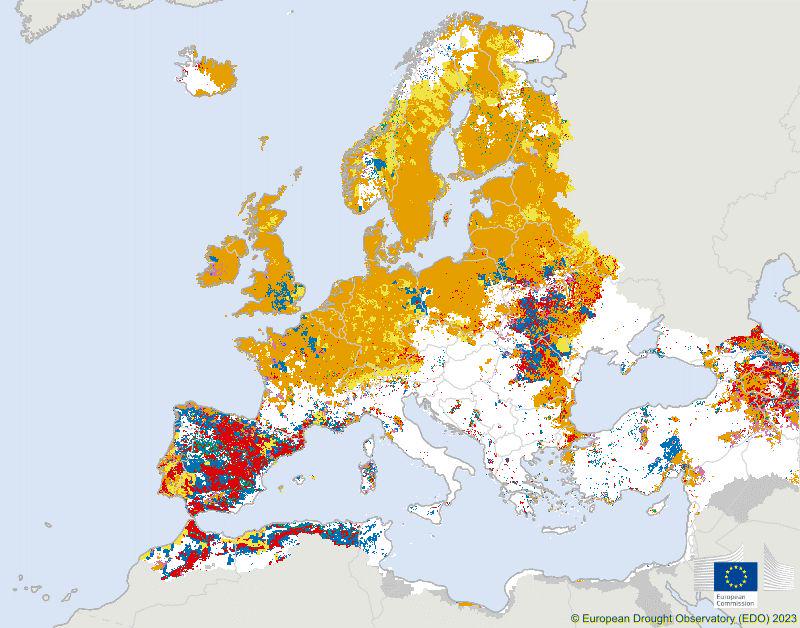 Zemljevid sušnih območij v Evropi: rdeča barva označuje območja, kjer je suša največja. Foto: European Drought Observatory 