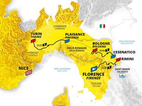 Carte des trois premières étapes du prochain Tour de France, qui se déroulera en Italie.  Photo : ASO