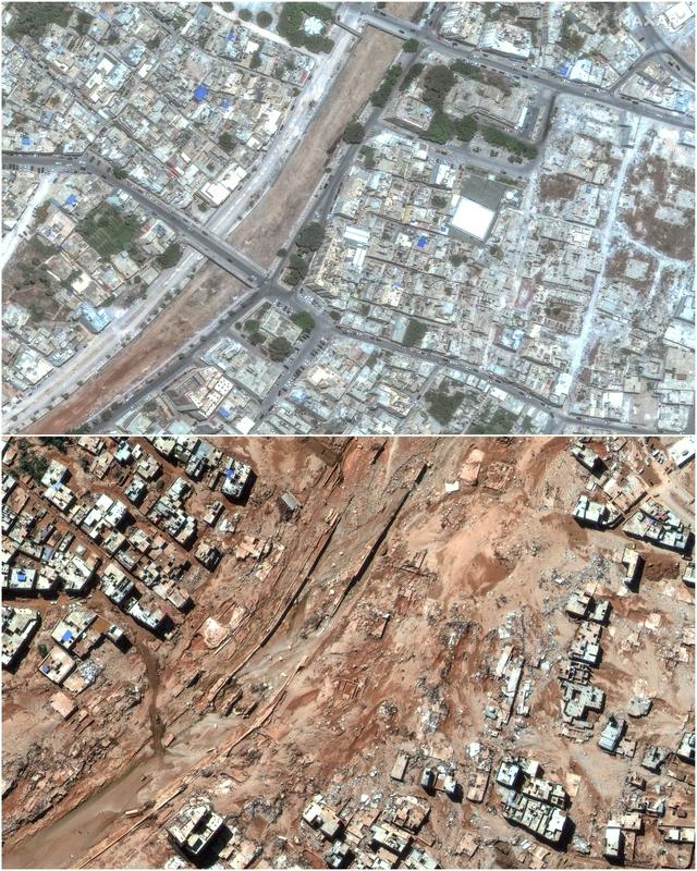 Above is a scene from Derna before the floods, below is the same neighborhood afterwards.  Photo: Reuters
