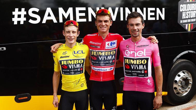 Winner of the Tour, winner of the Vuelta and winner of the Giro.  Photo: Twitter/@JumboVismaRoad