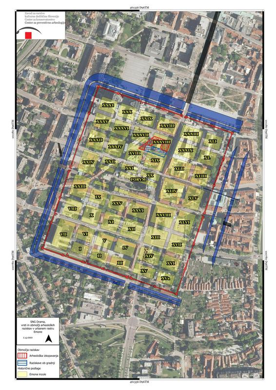 Načrt Emone, umeščen na ortofoto mesta Ljubljana. Na osnovi vseh preteklih raziskav je bilo mogoče narediti precej natančen zemljevid Emone. Foto: pripravil Robert Krempuš