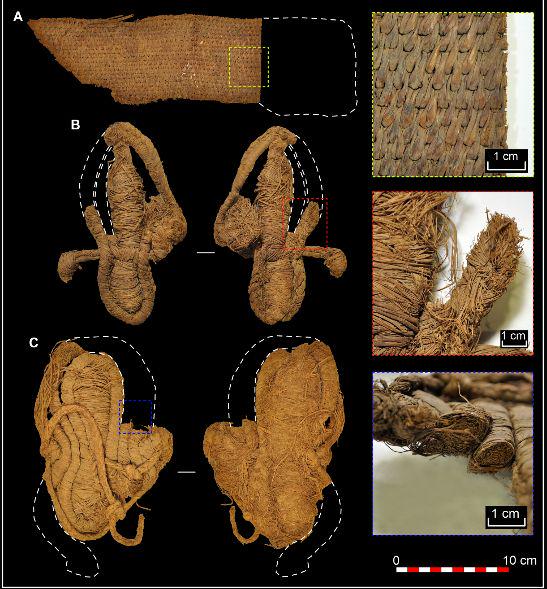 Delček pletene košare (zgoraj) in pleteni sandali (srednja in spodnja fotografija), ki so jih raziskovalci univerze Alcala analizirali v najnovejši študiji. Foto: science.org