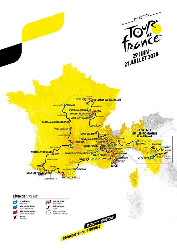 Veliki zemljevid 111. Dirke po Franciji s prikazom vseh 21 etap (za povečavo kliknite na zemljevid). Foto: ASO