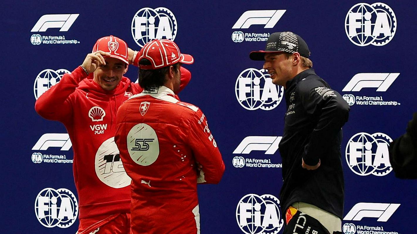 Najboljši trije s kvalifikacij: Charles Leclerc, Carlos Sainz ml. in Max Verstappen. Foto: Reuters