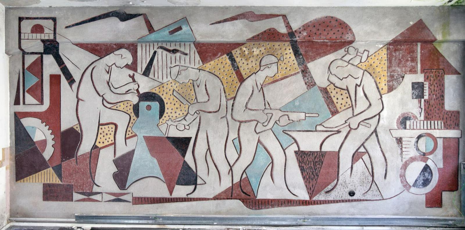 Sgraffito Maksa Kavčiča v Delavskem domu Trbovlje. Leto nastanka: 1953. Foto: Umetnost za skupnost/ZRC SAZU Sgraffito Maksa Kavčiča v Delavskem domu Trbovlje. Leto nastanka: 1953. Foto: Umetnost za skupnost/ZRC SAZU