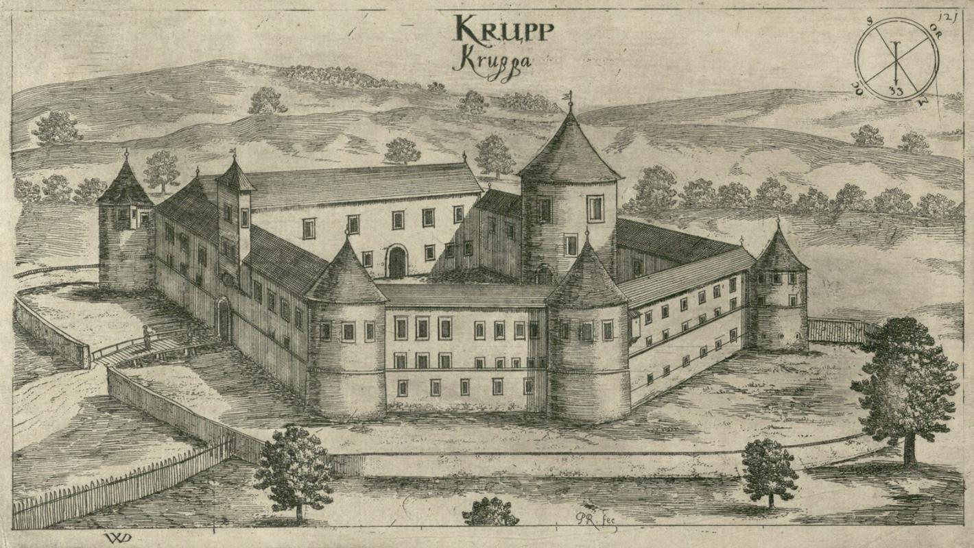 Grad Krupa, kot je bil leta 1679 upodobljen v Valvasorjevem delu Topographia Ducatus Carnioliae modernae. Foto: Wikipedija Grad Krupa, kot je bil leta 1679 upodobljen v Valvasorjevem delu Topographia Ducatus Carnioliae modernae. Foto: Wikipedija