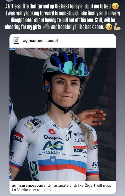 Urška Žigart je po Instagramu sporočila, da je zaradi bolezni v nedeljo ne bo na startu Dirke po Španiji. Foto: Instagram Urška Žigart je po Instagramu sporočila, da je zaradi bolezni v nedeljo ne bo na startu Dirke po Španiji. Foto: Instagram