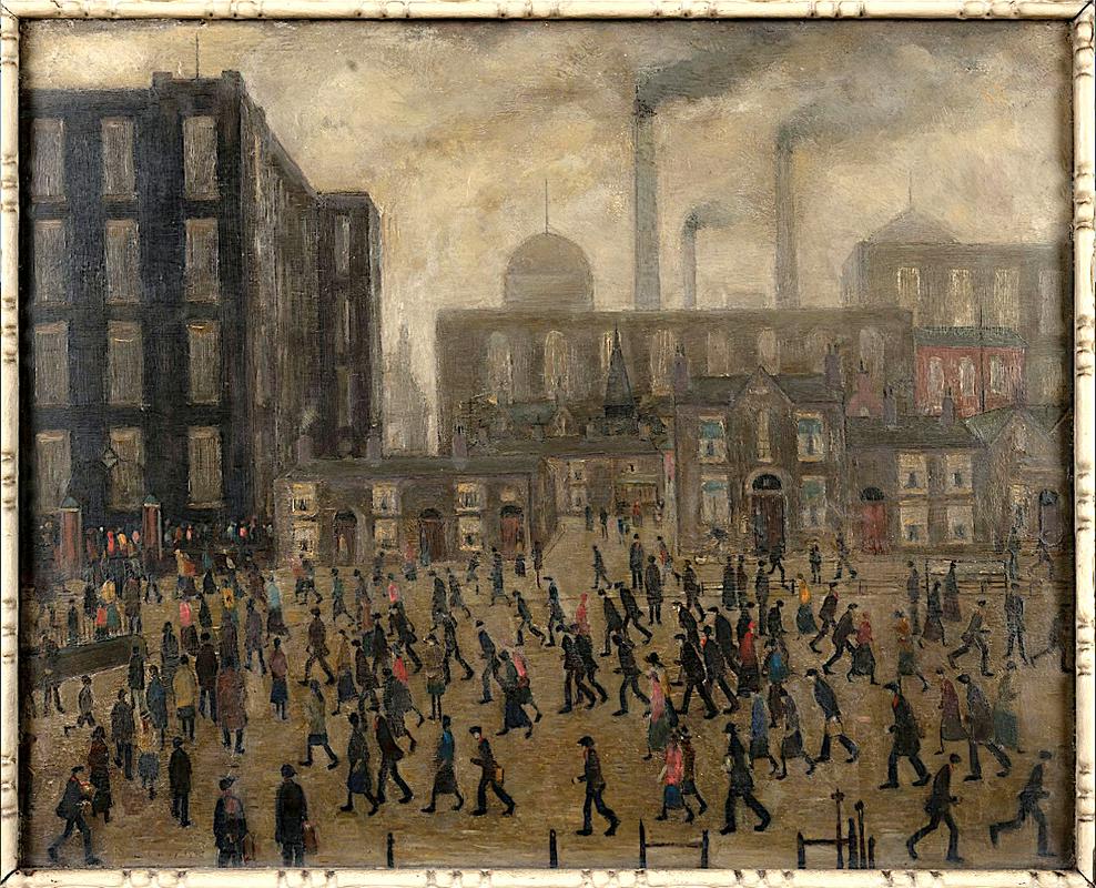 Lowry je znan po upodabljanju vsakdanjih industrijskih prizorov v severozahodni Angliji. Slika z naslovom Going to the mill je bila najprej ocenjena na milijon funtov (1,17 milijona evrov), prodana pa za 800.000 funtov (940 tisoč evrov). Foto: Lyon and Turnbull Lowry je znan po upodabljanju vsakdanjih industrijskih prizorov v severozahodni Angliji. Slika z naslovom Going to the mill je bila najprej ocenjena na milijon funtov (1,17 milijona evrov), prodana pa za 800.000 funtov (940 tisoč evrov). Foto: Lyon and Turnbull