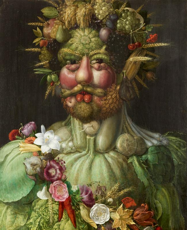 Giuseppe Arcimboldo, Vertumnus oz. iz sadja, zelenjave in cvetja sestavljen portret Rudolfa II., 1591, olje na platnu, Zbirka gradu Skolkoster. © Skoklosters slott, SHM (PDM). Giuseppe Arcimboldo, Vertumnus oz. iz sadja, zelenjave in cvetja sestavljen portret Rudolfa II., 1591, olje na platnu, Zbirka gradu Skolkoster. © Skoklosters slott, SHM (PDM).
