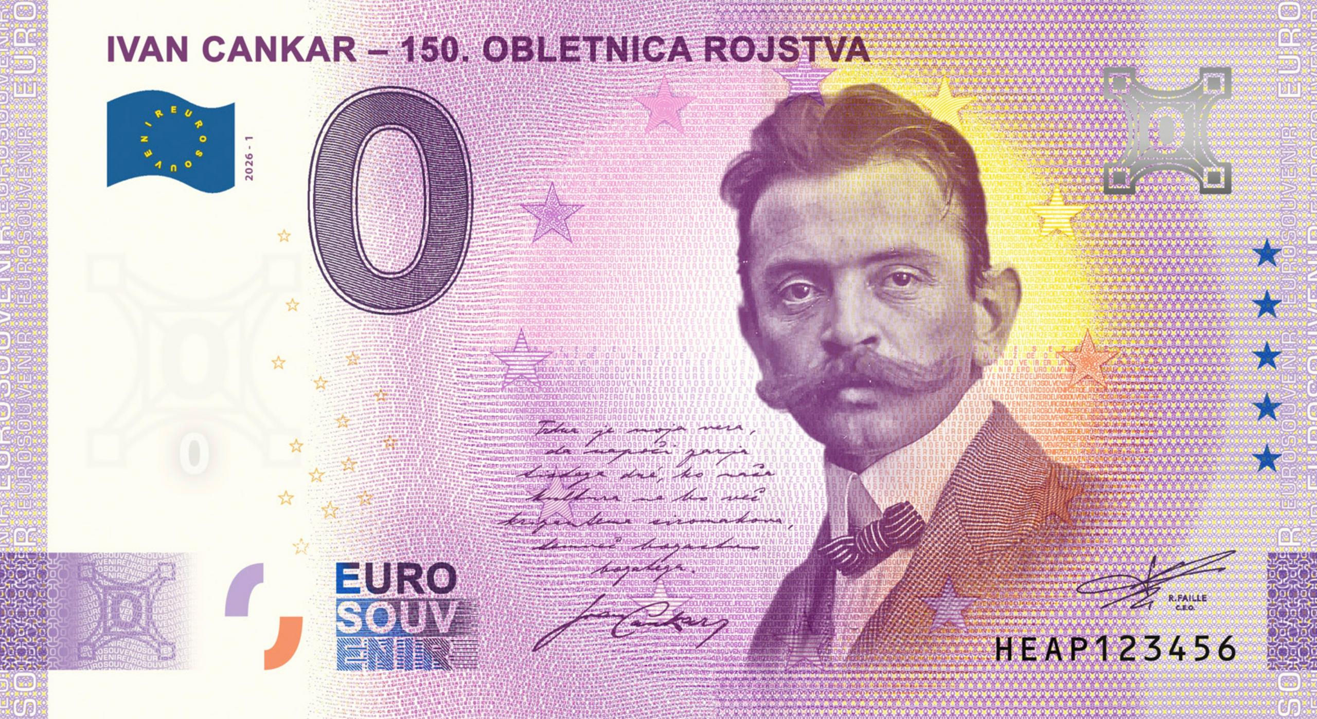 Ob 150-letnici Ivana Cankarja kot "otipljivi poklon pisatelju" izšel spominski bankovec