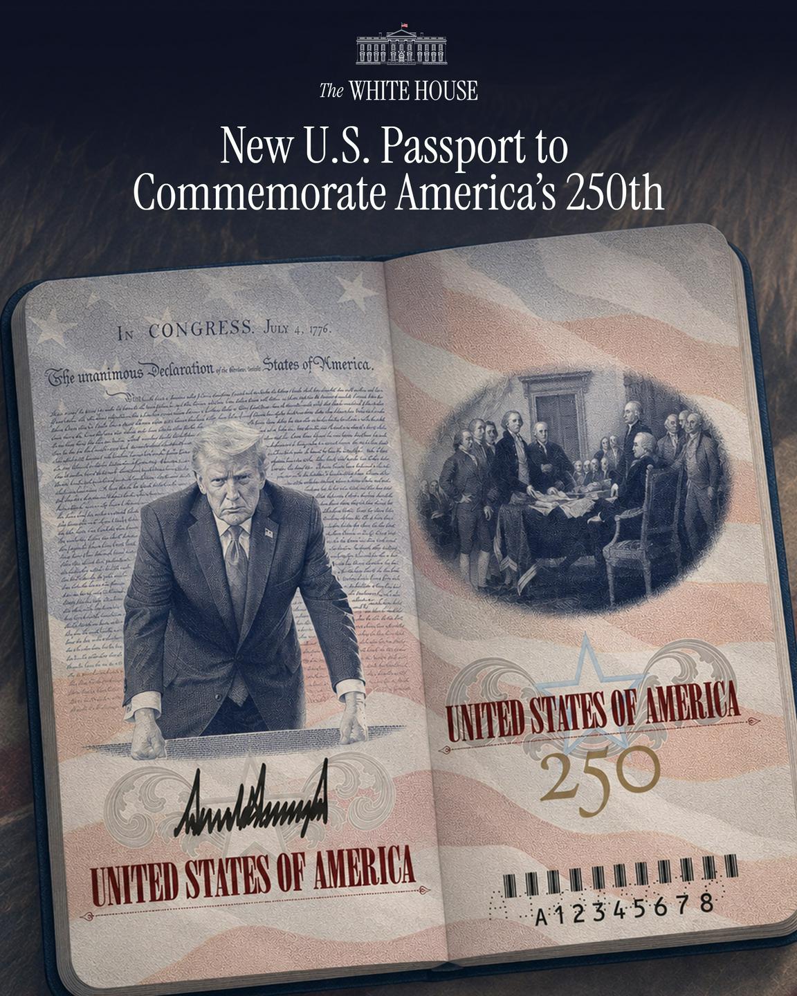 Trump ob 250-letnici ZDA potni list okrasil – s svojo podobo